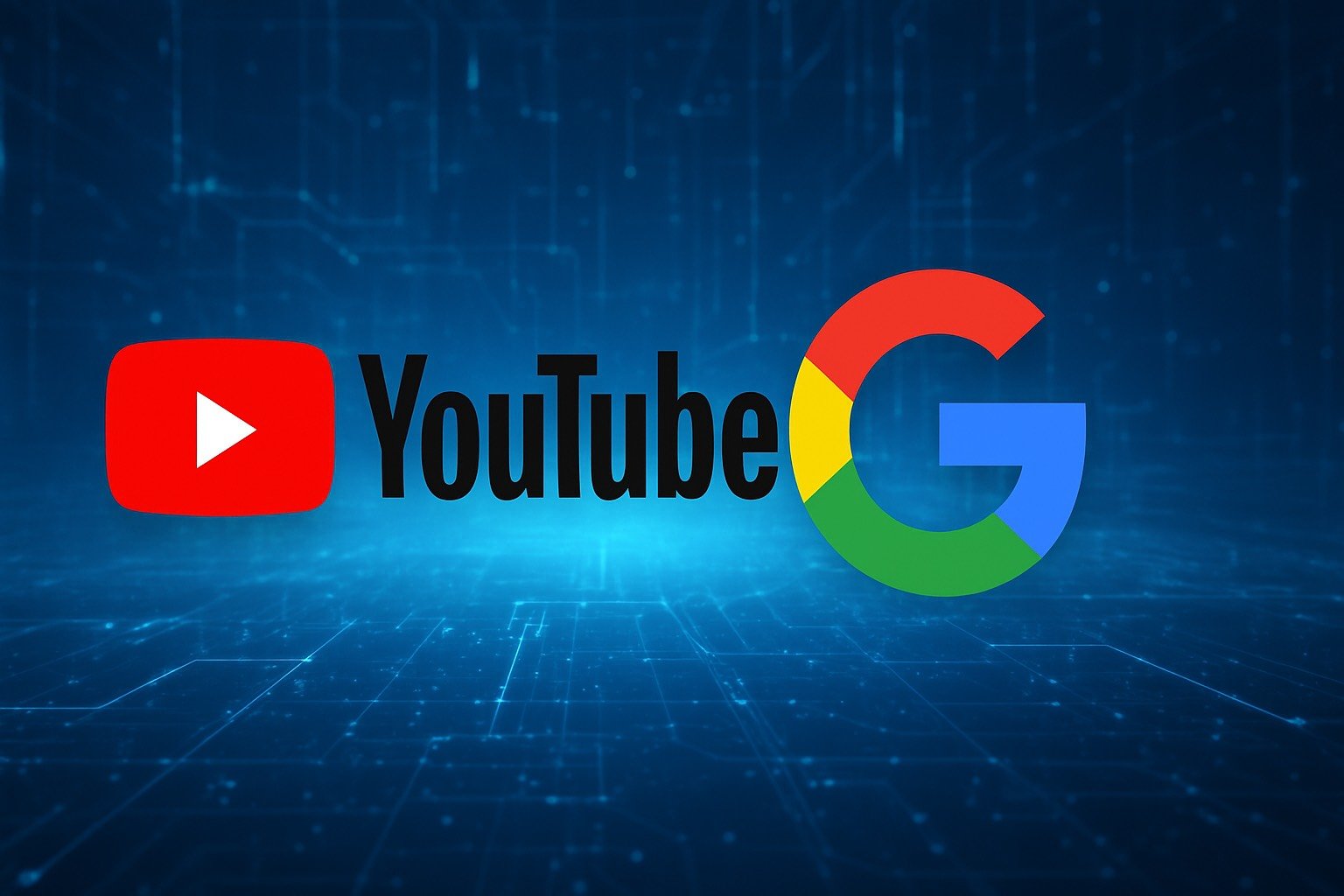 Logo do YouTube ao lado do logotipo do Google em um fundo digital