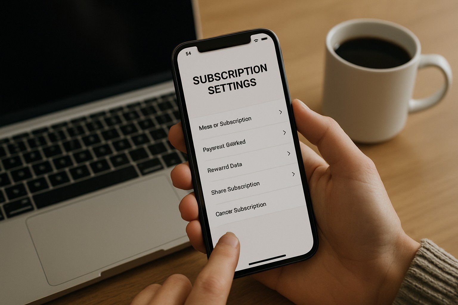 mão segurando smartphone com app aberto, tela de configurações de conta visível