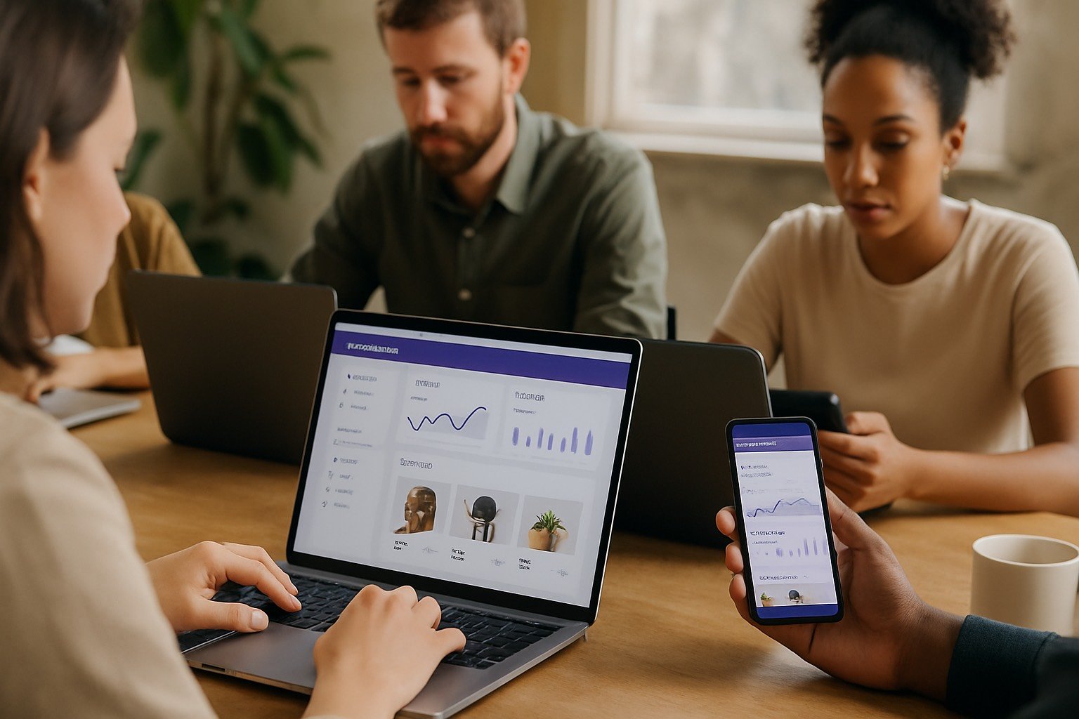 Equipe revisando layout de marketplace em laptops e celulares num escritório moderno