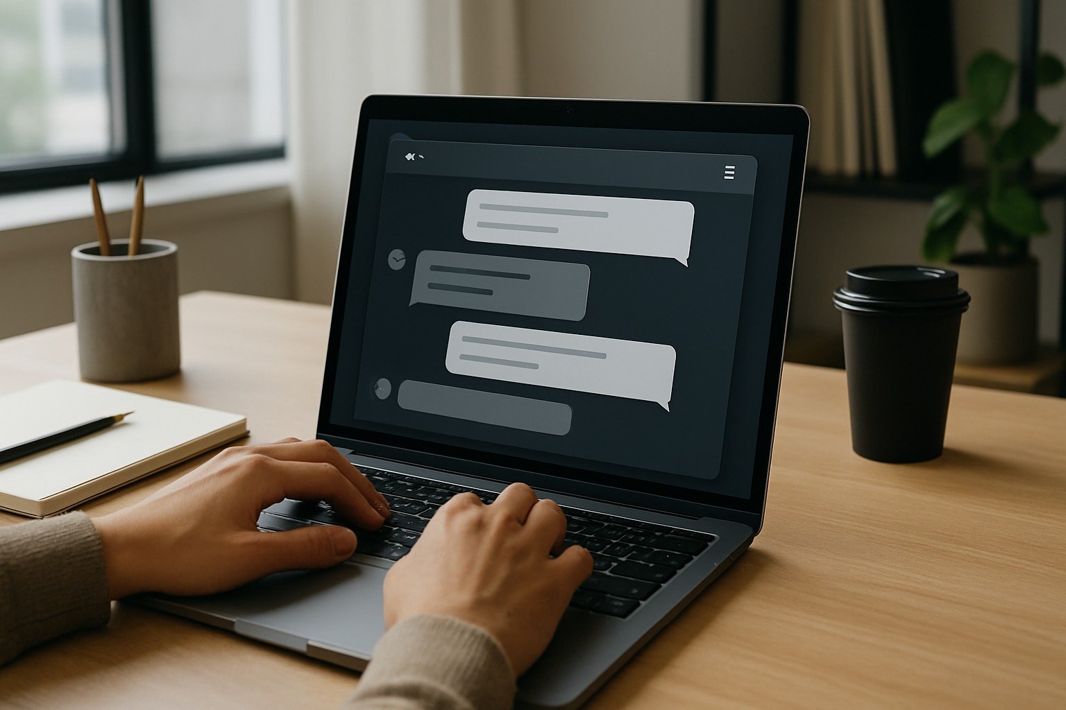 Pessoa usando laptop com interface de chatbot visível em escritório moderno e luz natural