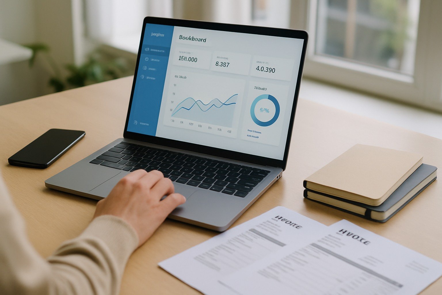 Laptop aberto com painel de software SaaS, smartphone e notas fiscais ao lado numa mesa de escritório