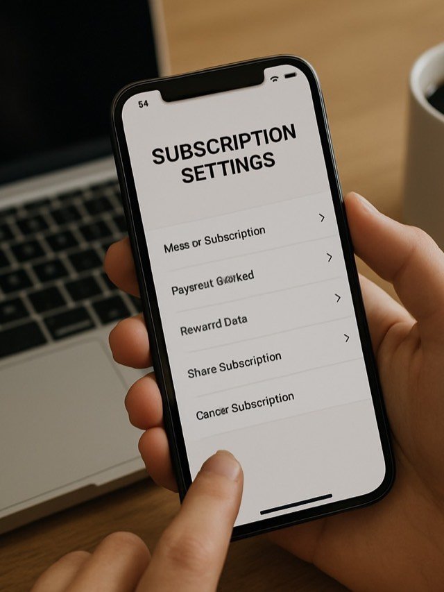 mão segurando smartphone com app aberto, tela de configurações de conta visível