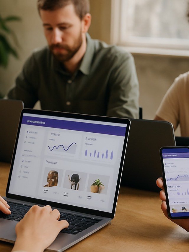 Equipe revisando layout de marketplace em laptops e celulares num escritório moderno
