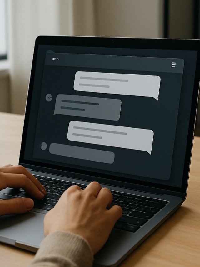 Pessoa usando laptop com interface de chatbot visível em escritório moderno e luz natural