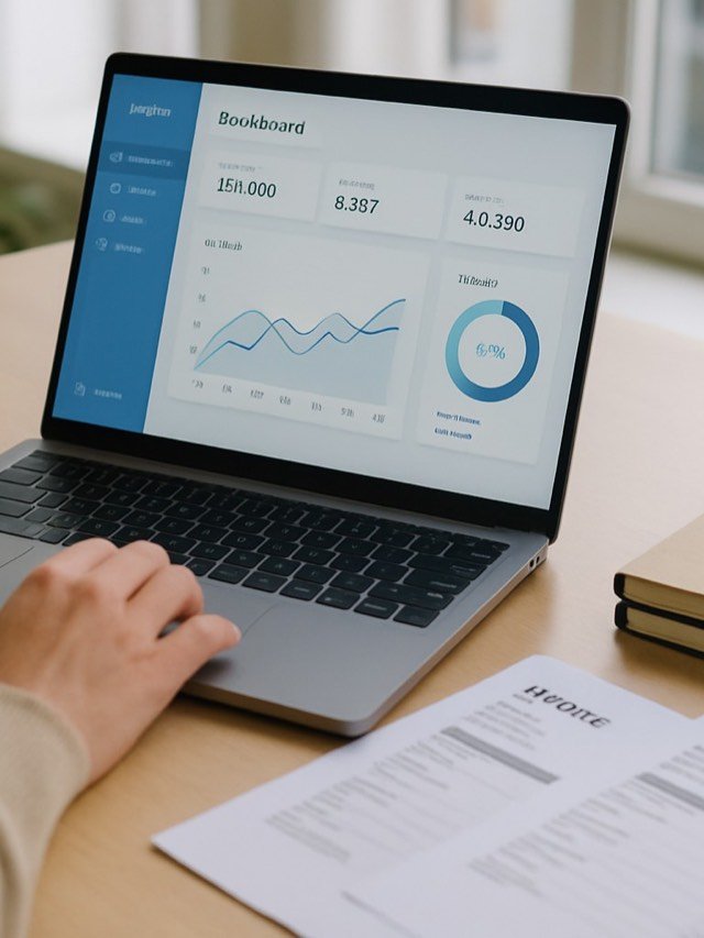 Laptop aberto com painel de software SaaS, smartphone e notas fiscais ao lado numa mesa de escritório