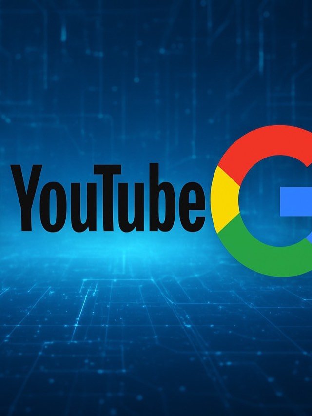 Logo do YouTube ao lado do logotipo do Google em um fundo digital